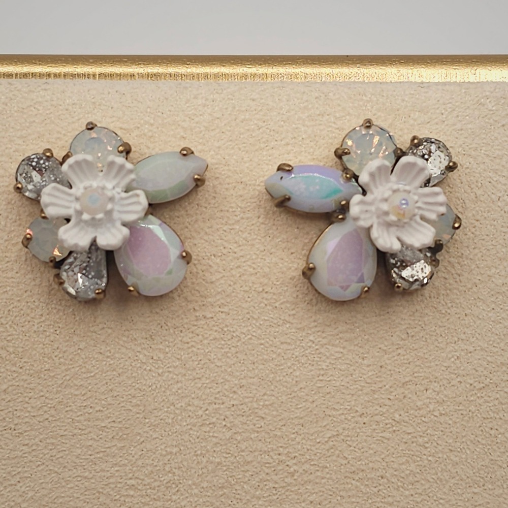 J.Crew Flower Stud Earrings White Iridescent Crystal Gold Tone Floral Statement